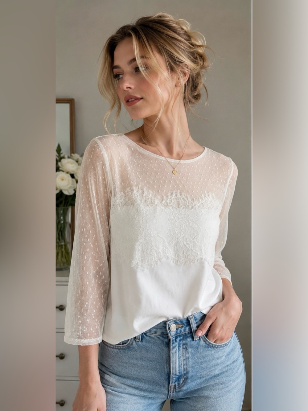 Topshop White Swiss Dot Lace Mesh Blouse Size 10 Romantic Sheer Top